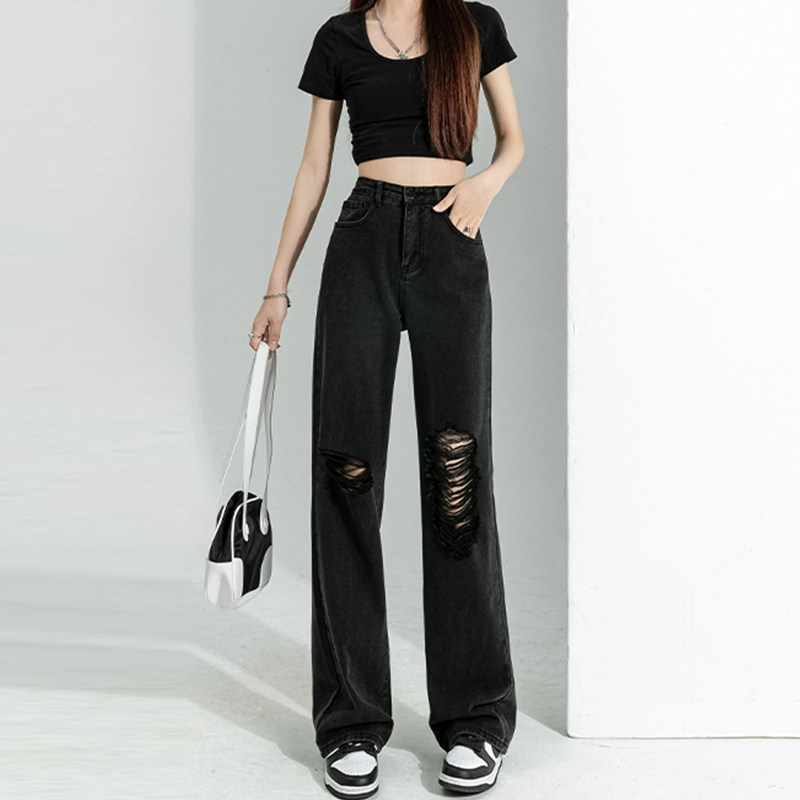 Black high-waisted straight-leg ripped jeans, summer women's thin, wide-leg pants with a sense of drape, loose and slimming floor-length pants Specification image